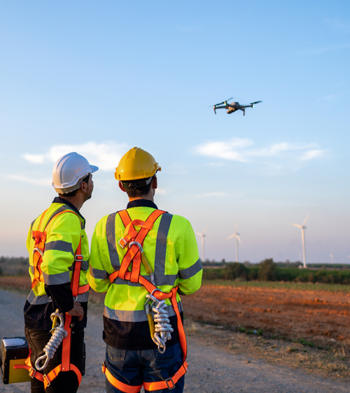 construction workers observing drone in field near wind turbines